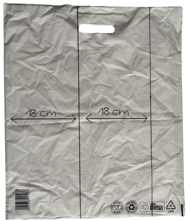 Plastiksack mit Abmessung der Striche